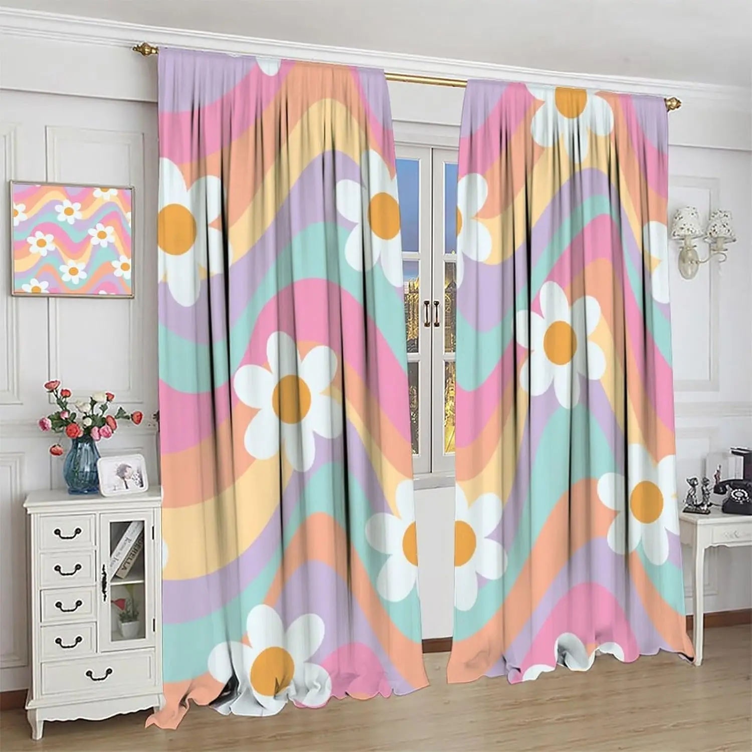 

Rainbow Groovy Floral Blackout Curtains, Cartoon Vintage Colorful Cute 60s 70s Flower Boho Style Window Drapes, for Living Room