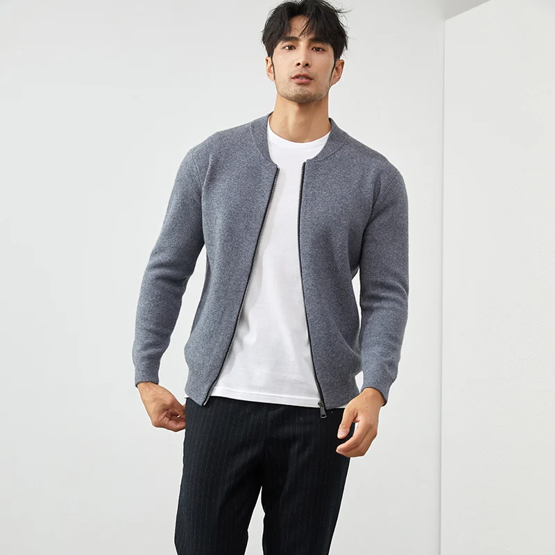 100% Goat Cashmere Cardigan Men's Standing Neck Zippered Cardigan Autumn and Winter Knitted Top Fashion Korean Baseball Jacket