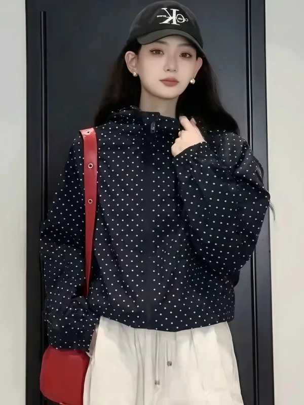 Bla com capuz Proteção solar Jaet Roupa feminina de viagem de verão para ciclismo ao ar livre Polka Dot Long Sve Blusão Sunscr...