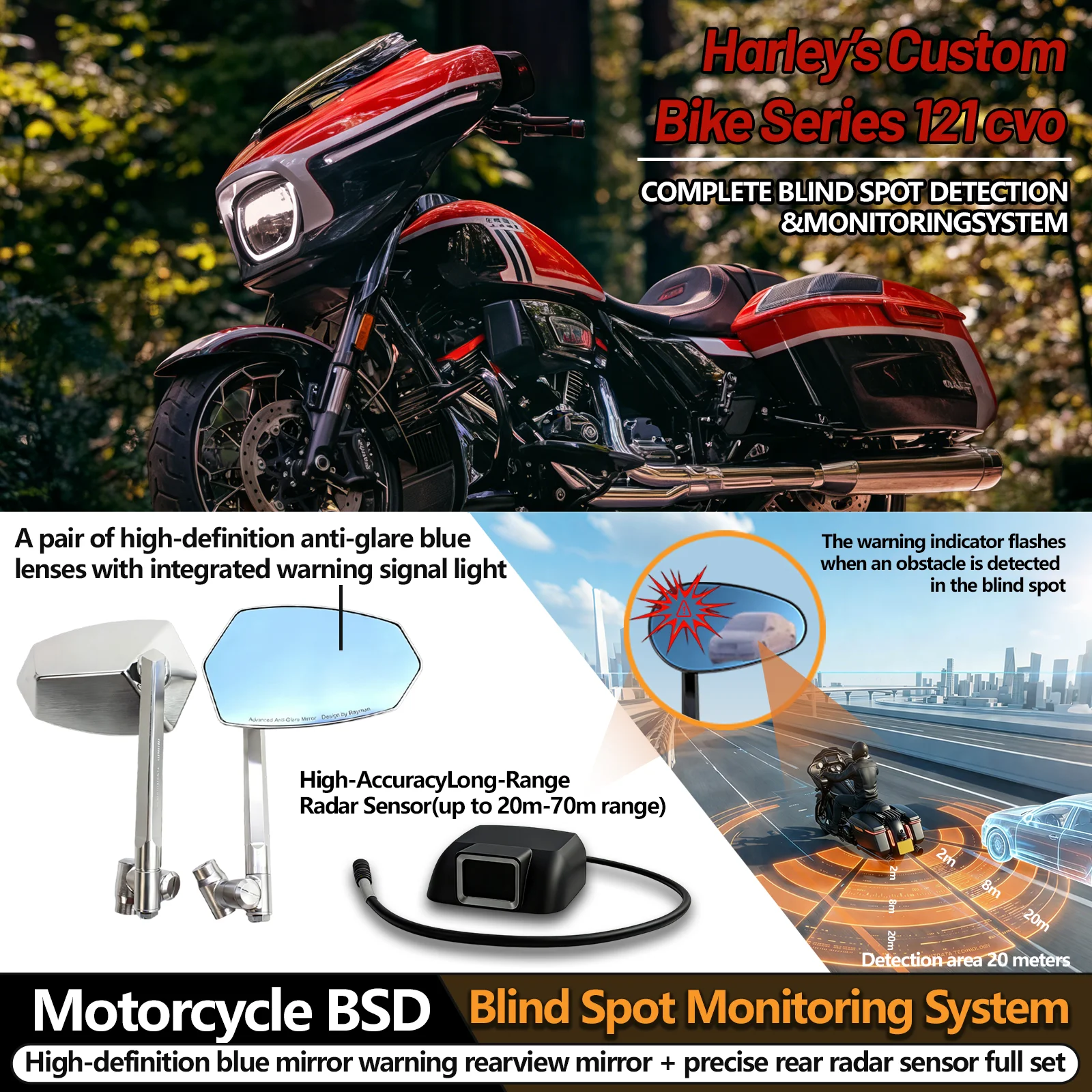 

For Harley Davidson upgrades Motorcycle BSD Blind Spot Detection Sensor Radar Driving Warning System Radar rearview mirror