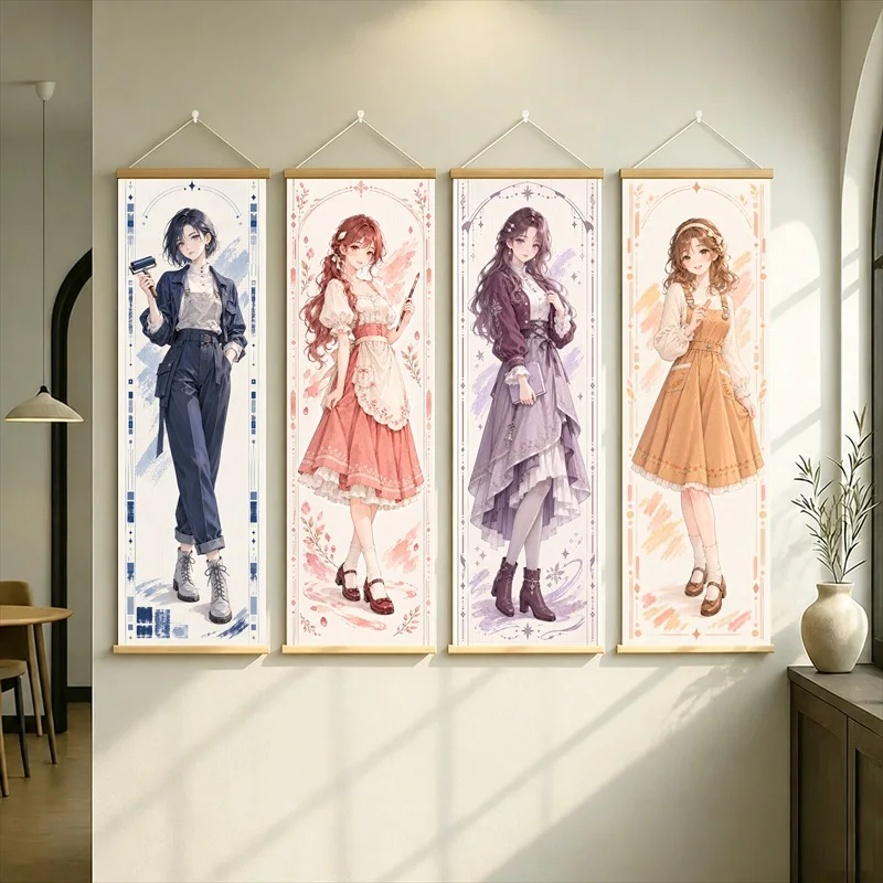 Anime Women in a Navy Suit and Pink, Lavender and Orange Dresses Hanging Scroll with Soft Floral Borders for a Bedroom