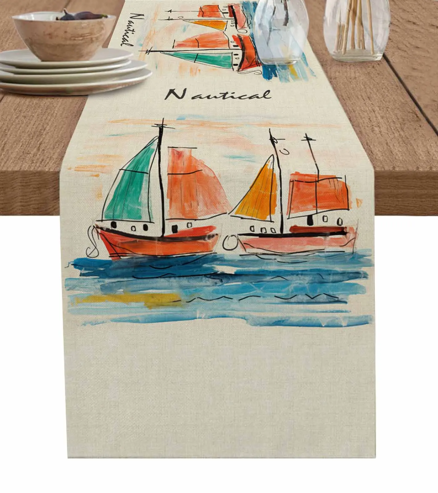 Graffiti Sailboat Sailing Table Runner Cotton Linen Wedding Table Decor Tablecloth Kitchen Decor Table Runner