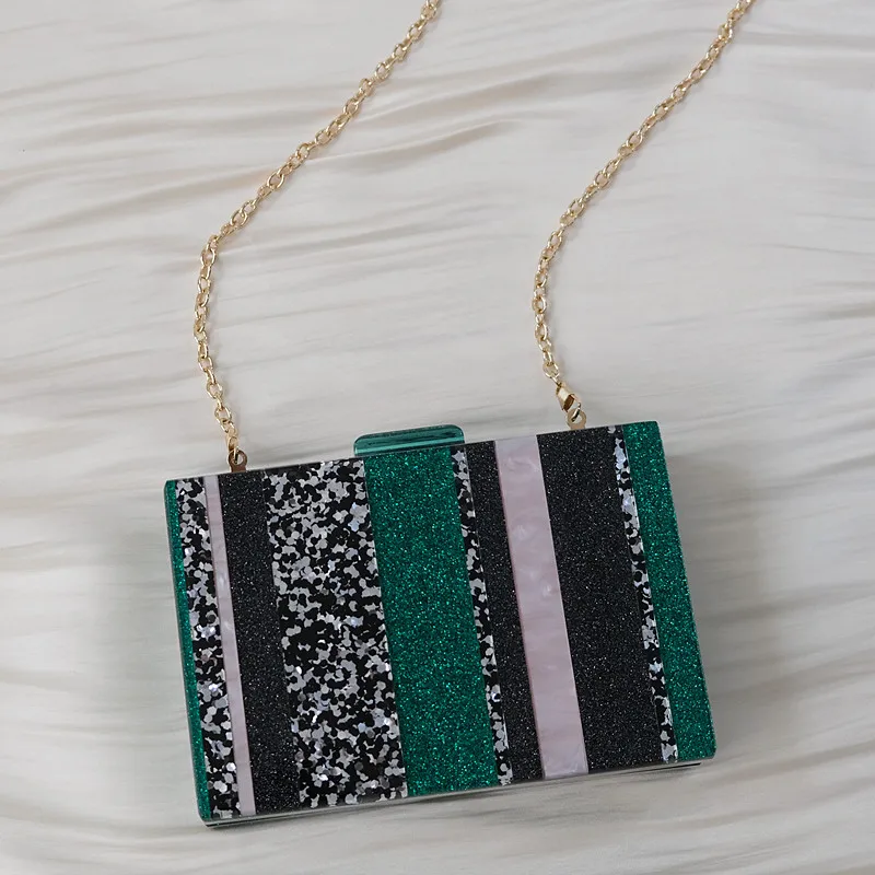 

New Trendy Handbag Fashion Women Bag Green Striped Acrylic Luxury Party Evening Bag Woman Cute Wedding Box Vintage Clutch Purse