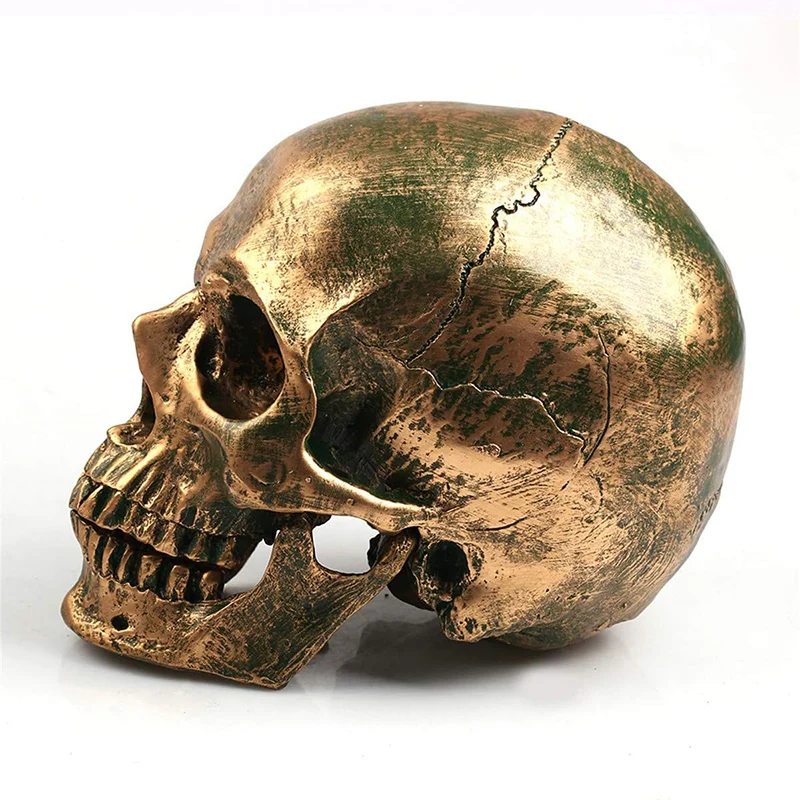 Bronze Resin Skull Model Sculpture Statue Crafts Retro Skull Skeleton Statue Head Halloween Home Decoration Props