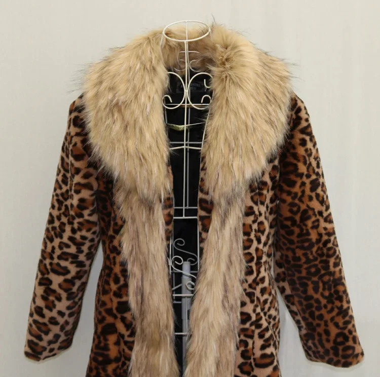 Leopard Long Faux Fur Coat Women Autumn Winter Large Jacket Overcoat Turn Down Collar Thick Coat Warm Jackets Maxi Coats