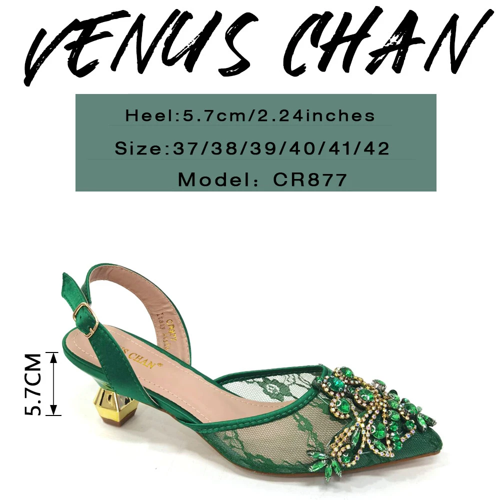 Venus Chan Nigerian Elegant Lace Net Style Green Crystal Low Heel Shoes And Three-Dimensional Mini Bag Commuter Women\'s Shoes