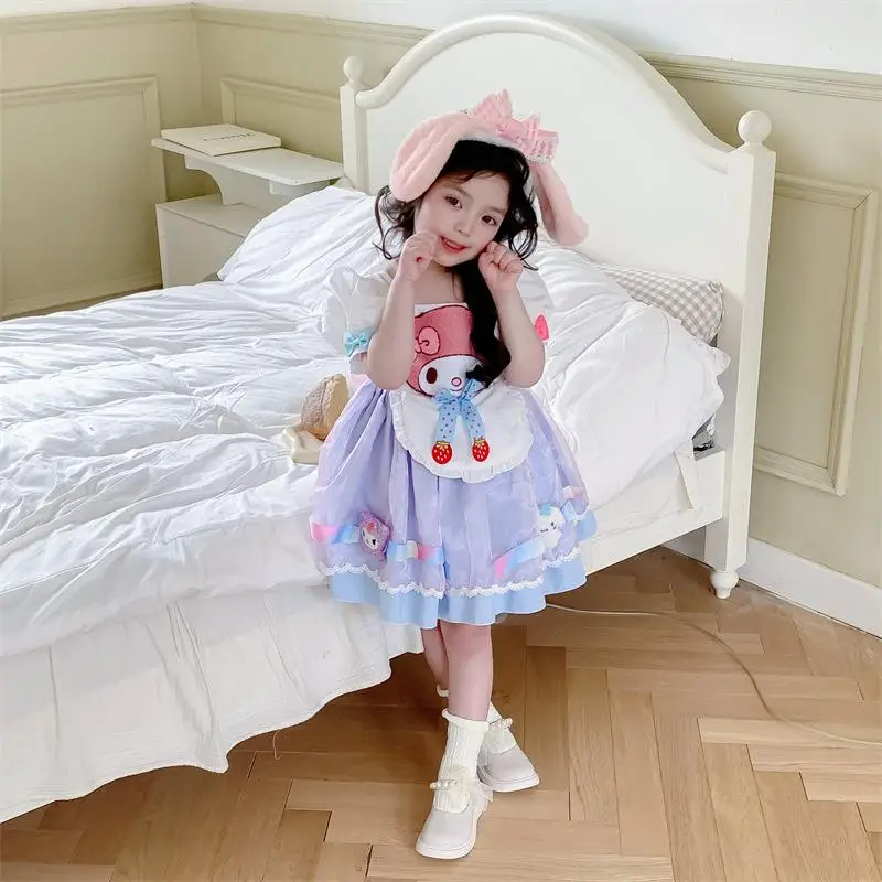 

Sanrios My Melody Children Dress Cartoon Anime Summer Cute Sweet Mesh Comfortable Breathable Square Neck Frock Kawaii Girl Gift