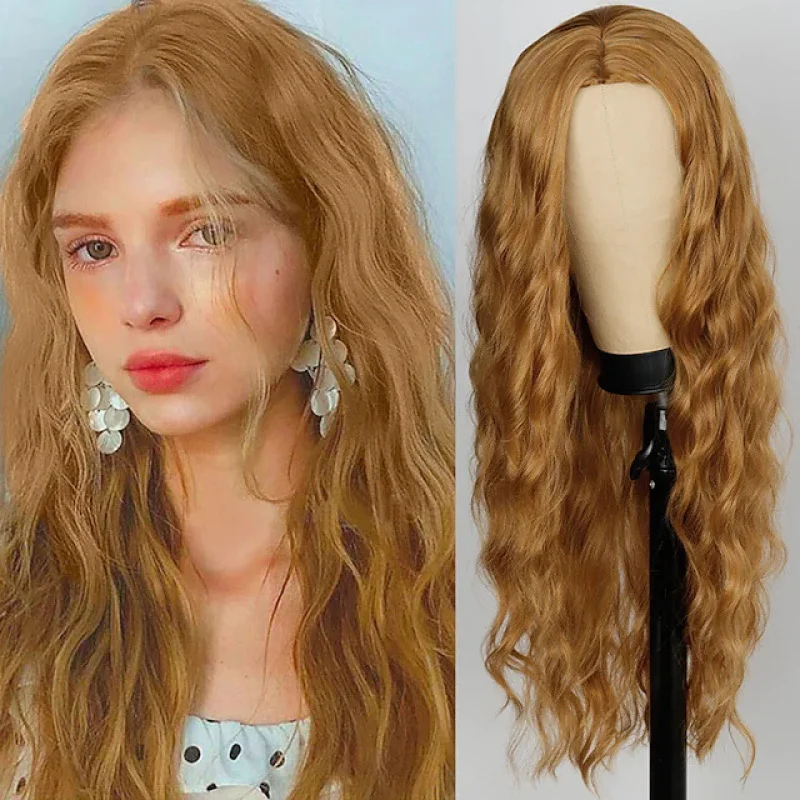 

Европейский и американский стиль: женский парик из шерсти, длинный, кудрявый, с центральным пробором, из искусственного шелка, синтетический парик на всю голову