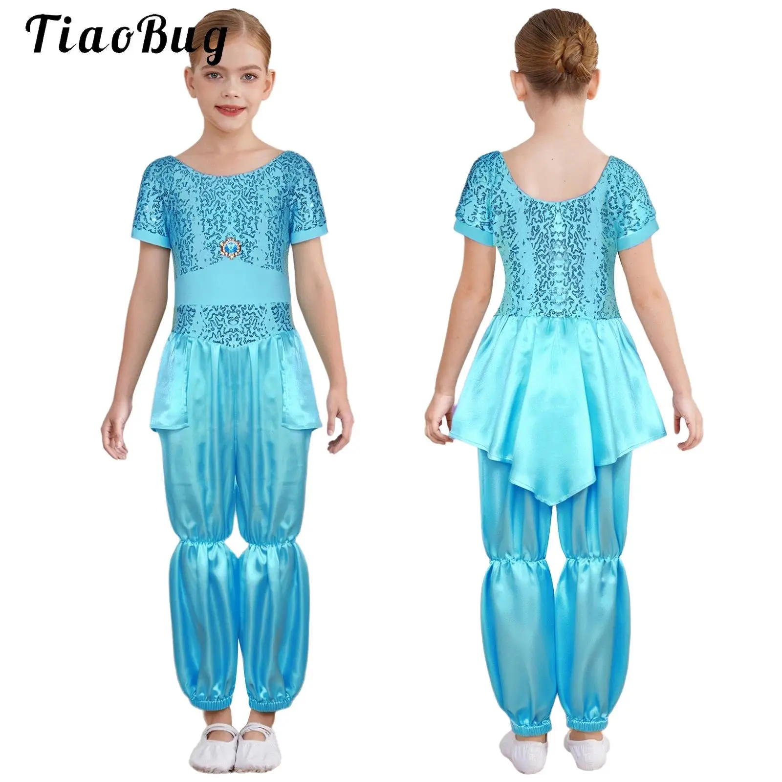 

Girls Princess Costume Halloween Jasmine Fancy Dress Up Outfit Sequins Birthday Party Gift Belly Dance Stage Performance Set