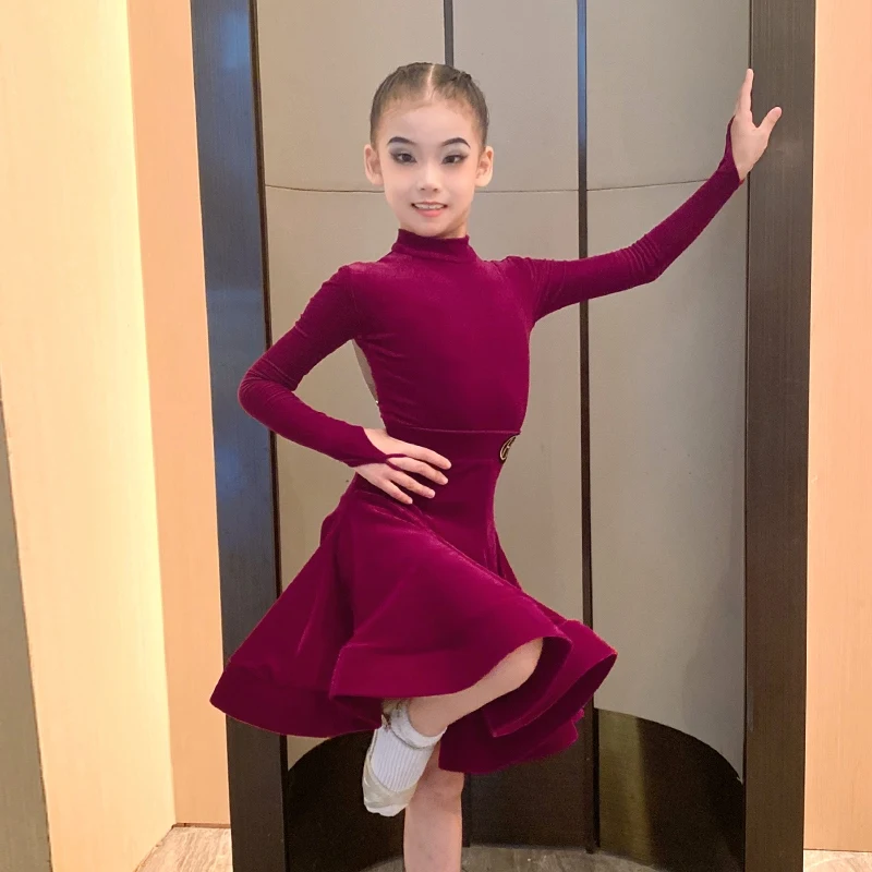 2025 Velvet Long Sleeve Bodysuit Split Skirts Practice Suit Latin Dance Dress For Girls Chacha Rumba Tango Latin Wear  DQS18344