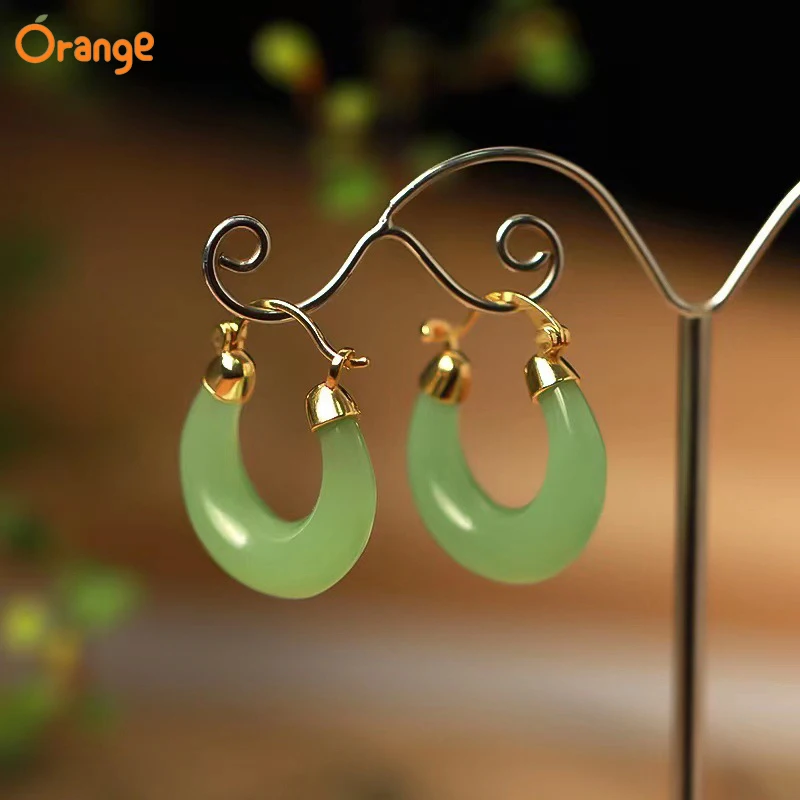 Natural Gold Silk Jade Crescent Earrings Fashion Luxury Elegant Female Mascot High Selling Couple Gifts