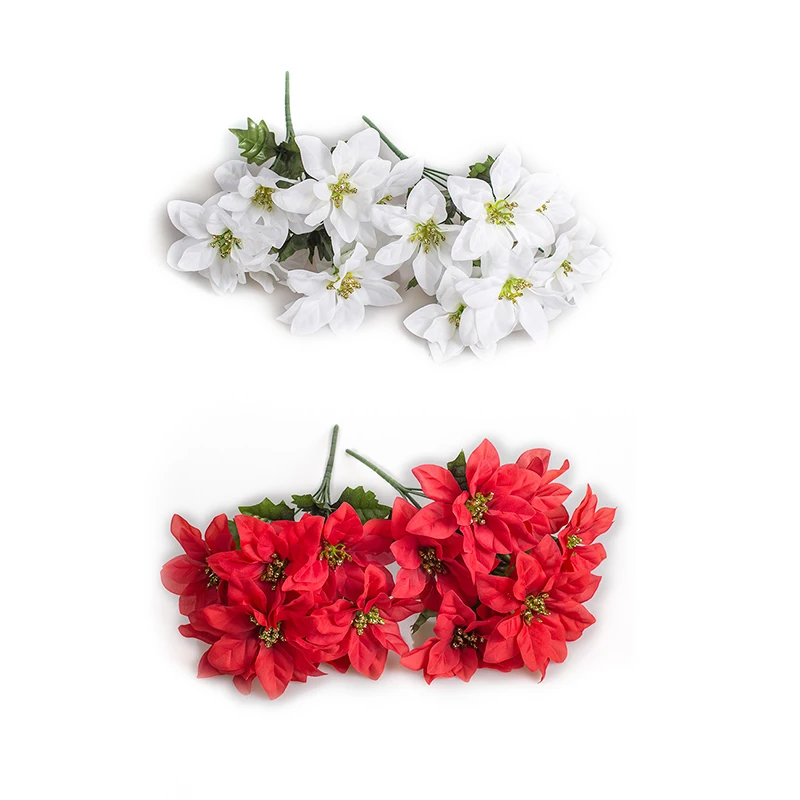 Artificial Poinsettia Shrubs 7 Silk Fabric Christmas White Poinsettia Shrubs Christmas Artificial Bouquet Fake Flowers