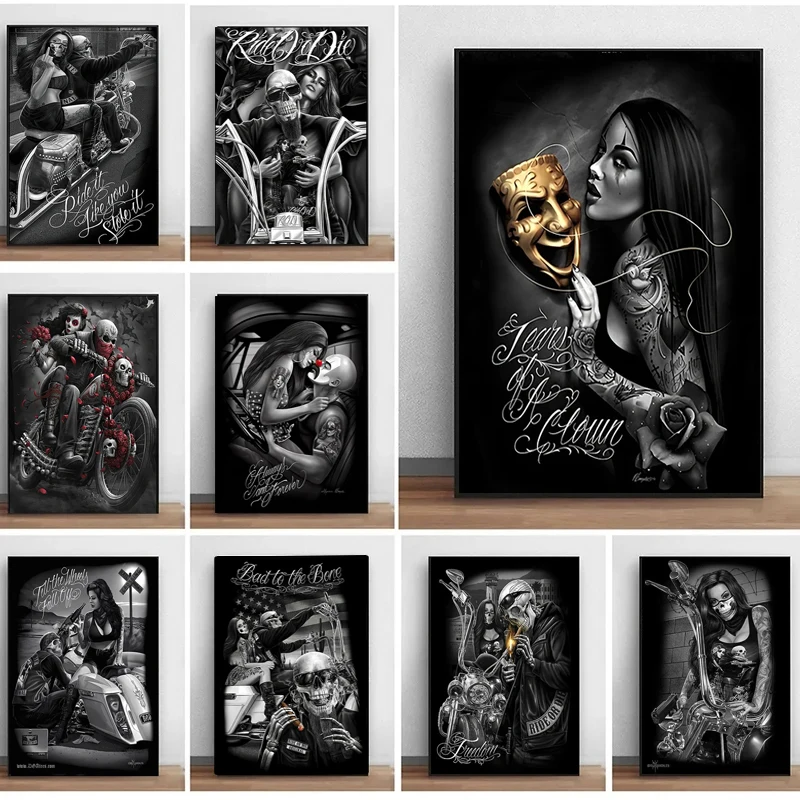 Graffiti Tattoo Rider Chicano Culture Motorcycle Poster Canvas Painting Black and White Wall Art For Living Room Home Decoration