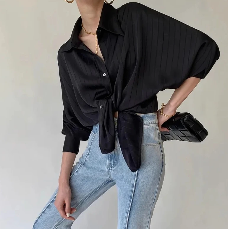 

Women's Blouse Satin Shirt Chic Striped Oversized Fit Tunic Top Long Sleeve Luxury Trendy Shirt for Women Layering 2025