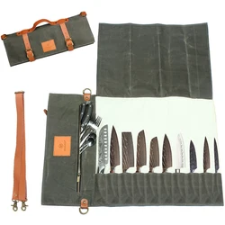 Portable Camping Foldable Chef Knife Roll Bag Durable Canvas  Kitchen Cooking Knives Storage Pockets Organizer Carry Case Tools