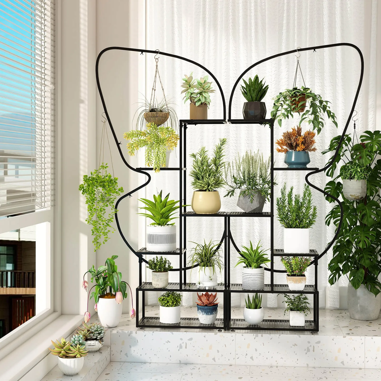 Paquete de 2 Soportes Metálicos para Plantas de 73 Pulgadas de Alto y 6 Niveles, Estante para Macetas con Forma de Mariposa