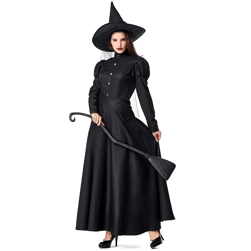 Halloween Wizard Cosplay Costume Kids Adult Halloween Women Deluxe Wicked Witch Costume Black Full Length Dress