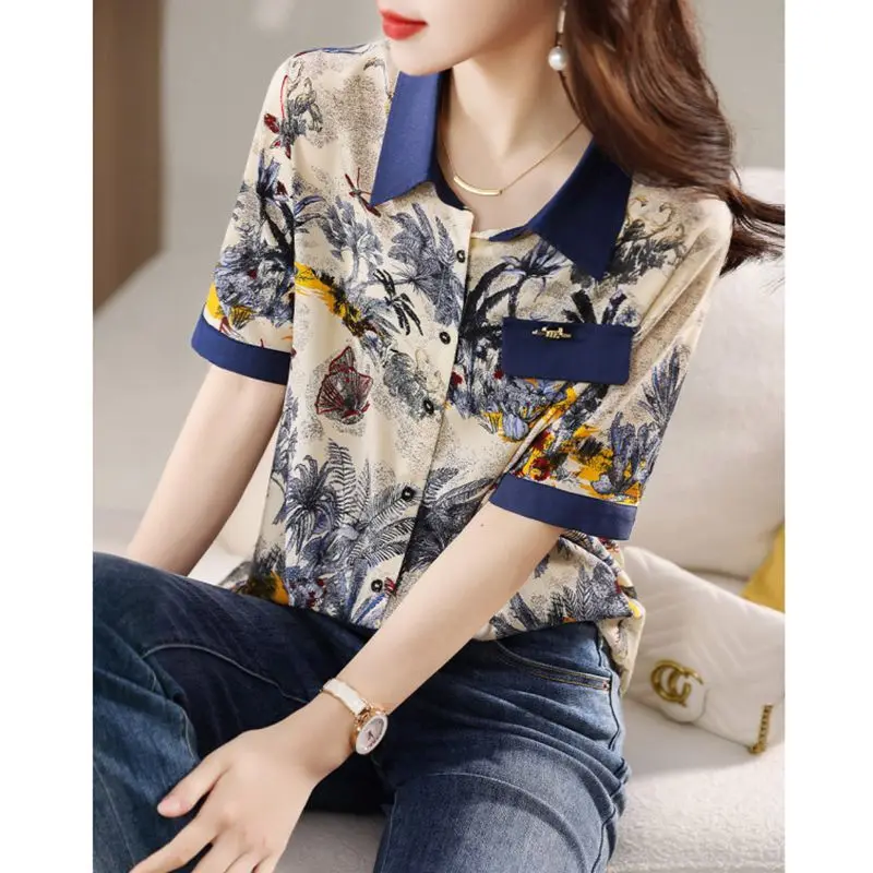 Turn-down Collar Plant&Flowers Printing Rivet Summer Chiffon Cardigan Short Sleeved Button Women\'s Clothing Shirt Casual Tops