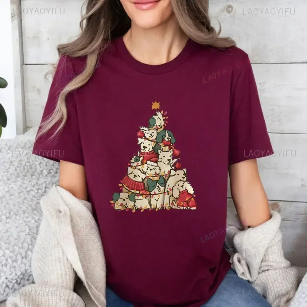 Dogs Christmas Tree TShirt  Women Christmas Shirts Cute Funny Christma Tops Retro Red Christmas Tee Comfort Colors Female Shirt