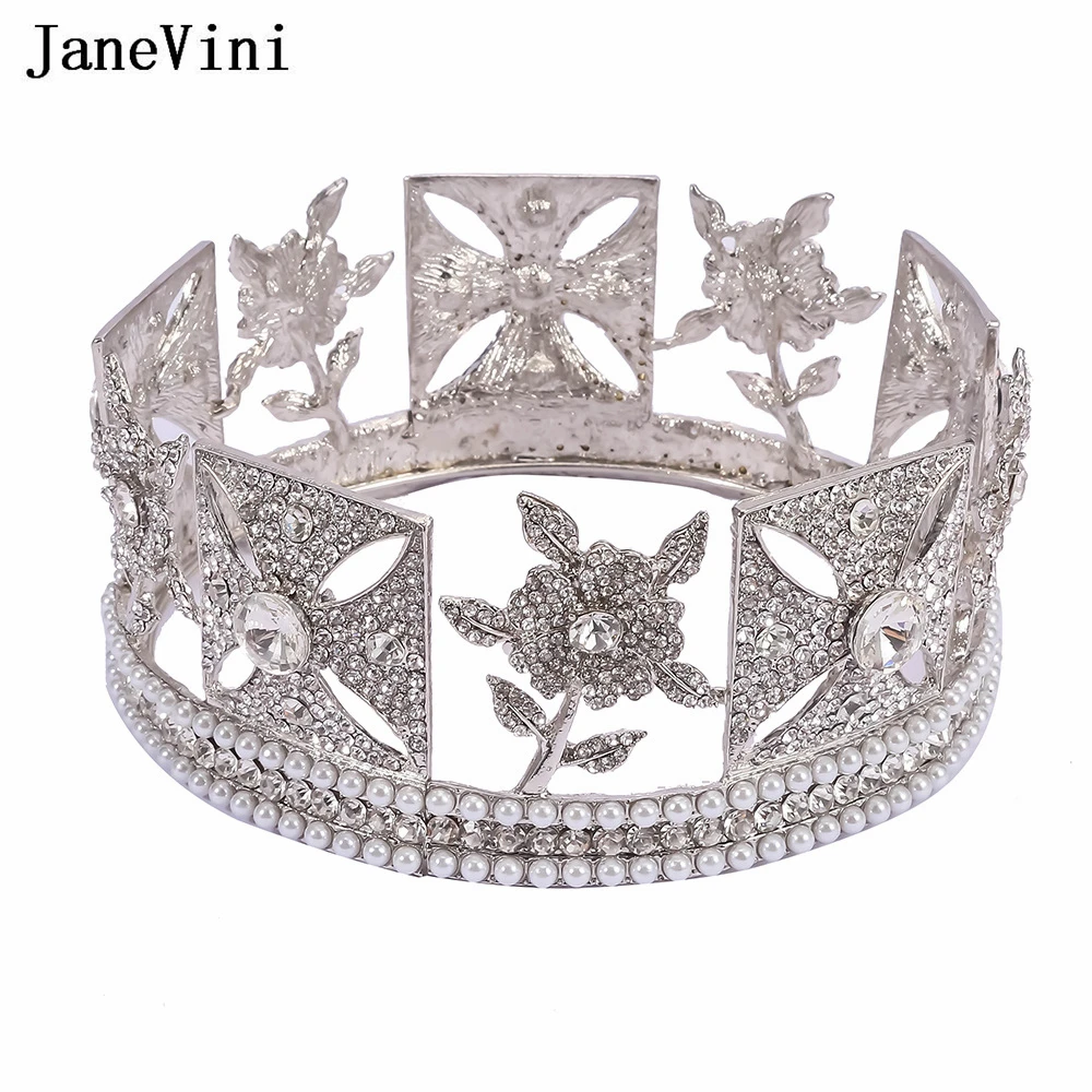 

JaneVini Silver Crystal Pearls Princess Queen Tiaras and Crowns Wedding Crown for Women Banquet Party Headwear Hair Jewelry