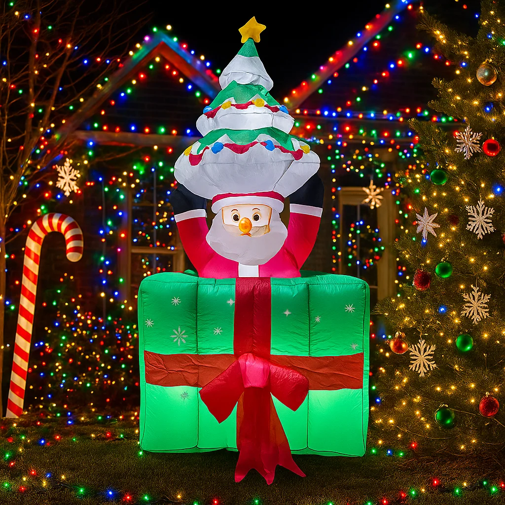 6FT Inflatable Toy Christmas Decorations Inflatable Santa Claus Gift Box Tree Home Yard Xmas Ornaments LED Lights Party Decor