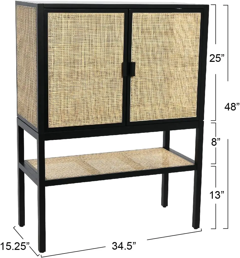 Pine Wood Natural Rattan Detail Cabinet, Black