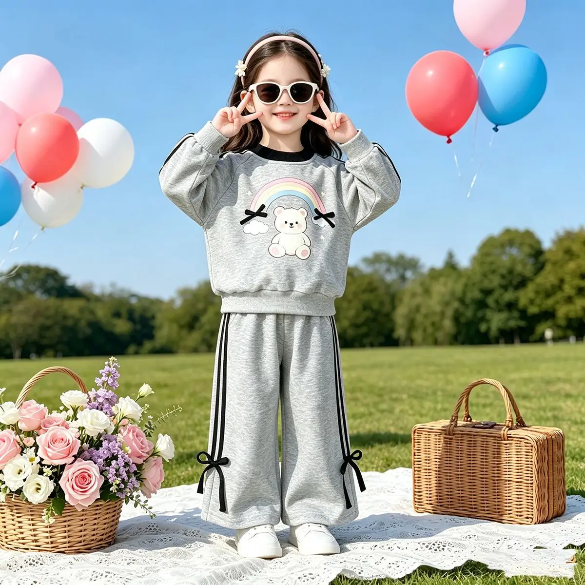 Mädchen-Sweatshirt mit Schleifendetail und Cartoon-Katze & Weite Hose – Süßes 2-teiliges Herbst-Set für Babys – Detail 6