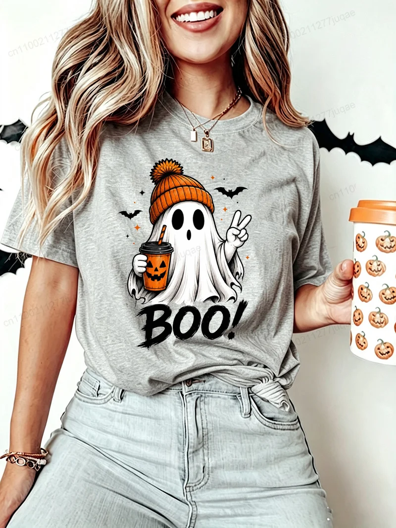 Women Halloween Ghost-Boo Print T‑Shirt Cute Ghost Coffee Bat Graphic Tees Short Sleeve Tops Halloween Party Female T‑shirts