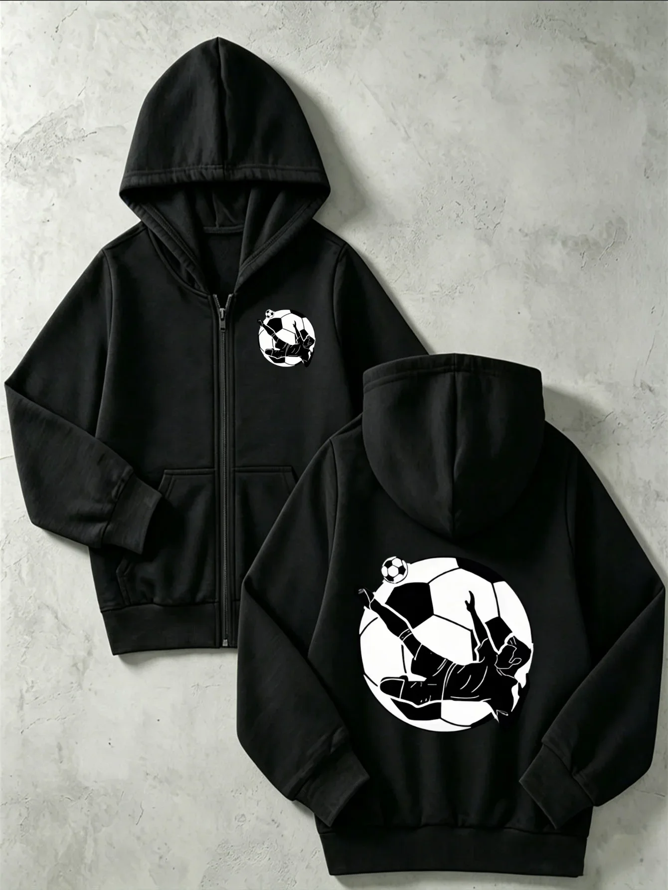Bright Blue Zip Up Hoodie Chest Small Bicycle Kick Soccer Print Back Large Football Player Silhouette Graphic Kids Sport Jacket
