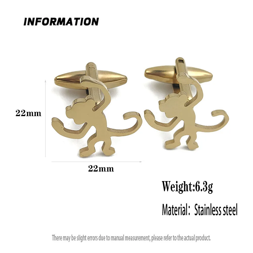 Punk style funny monkey stainless steel 18K gold-plated cufflinks, silver French shirt buttons, suit wedding accessories