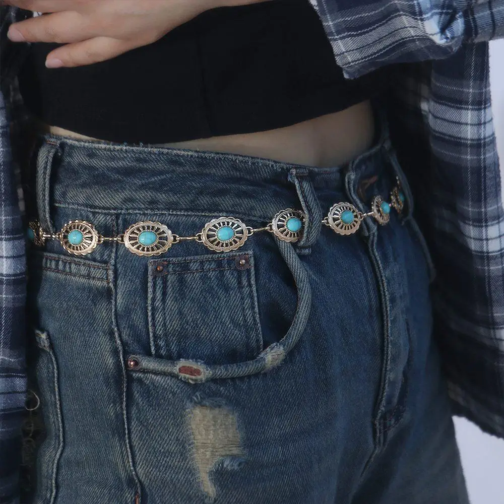 Retro Unique Beach Body Chain Y2K Punk Style Women Belts Turquoise Women Waist Chain Bohemian Belts Ethnic Style Metal Belt