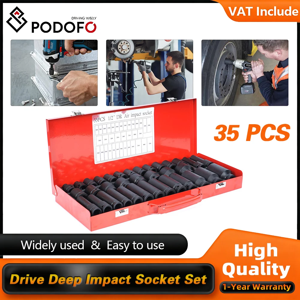 Podofo – Jeu de douilles à chocs profondes de 1/2 pouce, 35 pièces, 8-32 mm, à couple élevé, pour écrous de roue, outils de réparation automobile pour garage, atelier, camion, camping-car, véhicules lourds, outils manuels pour le démontage des écrous de roue