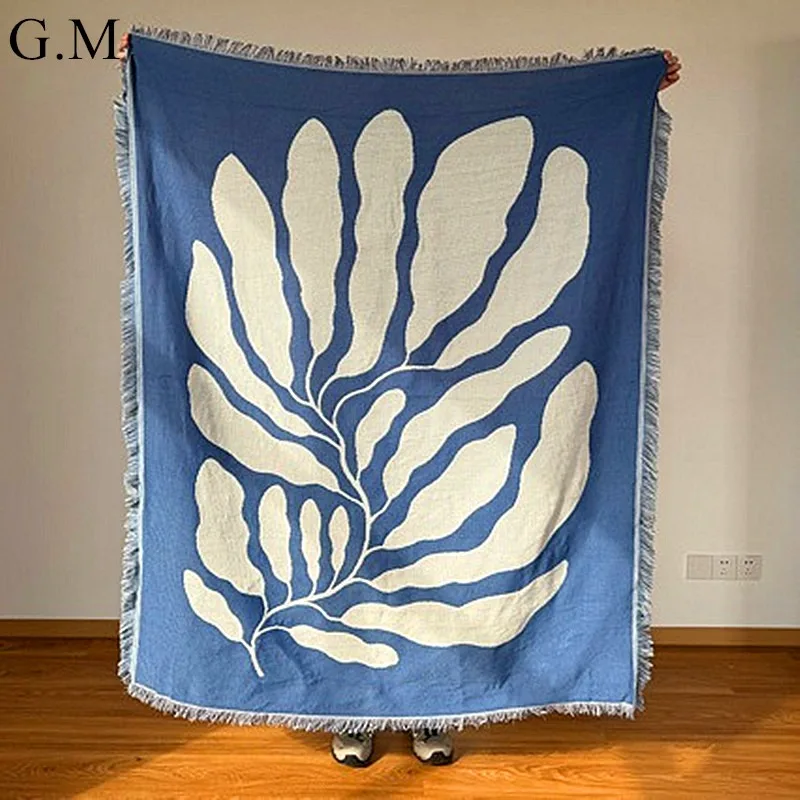 

Blue Woven Jacquard Leaf Throw Blanket for Sofa Bed Wall Hanging Tapestry Leisure Portable Picnic Blanket Outdoor Camping Mat