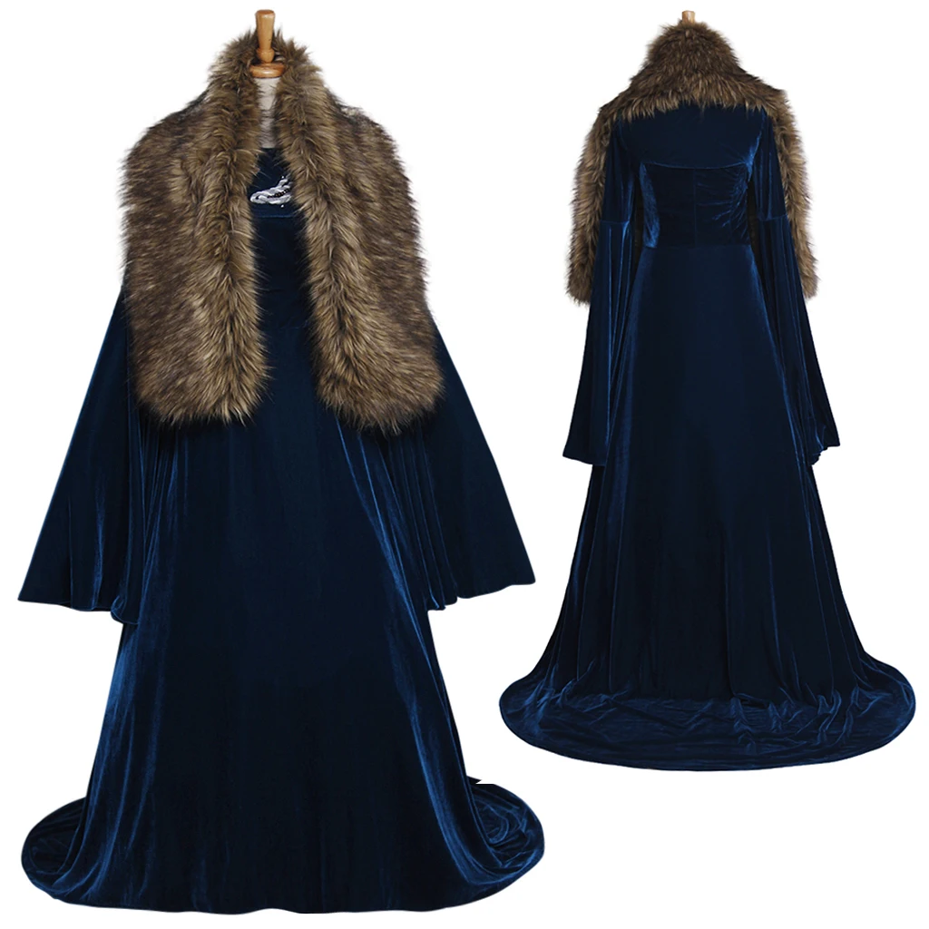 Sansa Stark Cosplay Costume Women's Navy Blue Dress with Cloak Halloween Party Winter Outfit