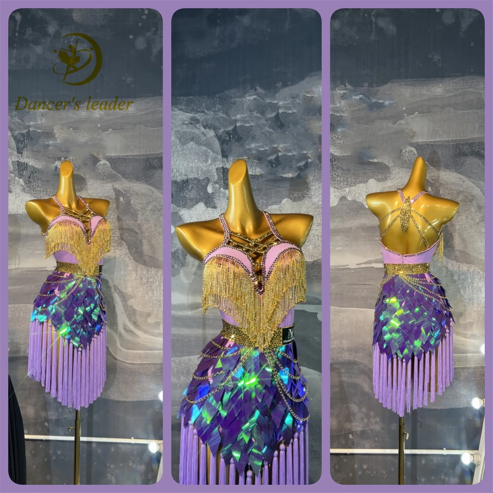 

Костюм для латинских танцев AB Stone для женщин, взрослых и детей, элитное платье на заказ фиолетового цвета с блестками и кисточками, черное платье для выступлений в бассейне для самбы