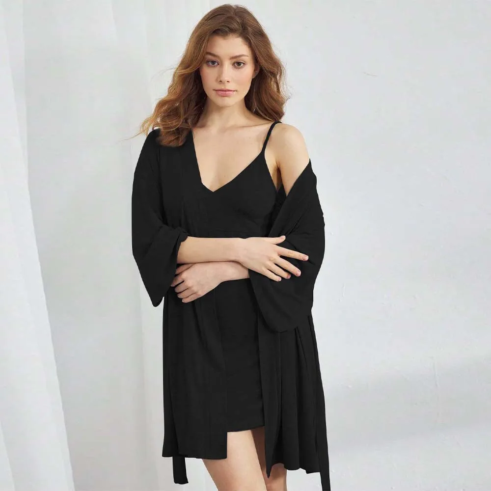 2 Piece Women Pyjamas Set Silk Soft Camisole Nightgown with Robe Grey Kimono Dress V Neck Sleepwear Lounge Sets Vestidos view 5