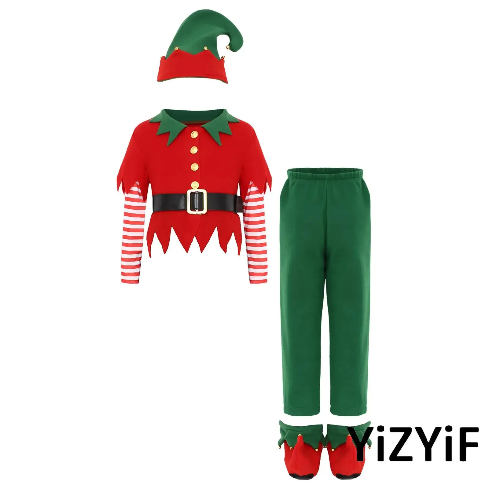 

Kids Boy Santa Helper Christmas Cosplay Costume Set Xmas Style Top+Elastic Waistband Pants+ Bell Hat+Waistbelt+Shoes Covers Suit