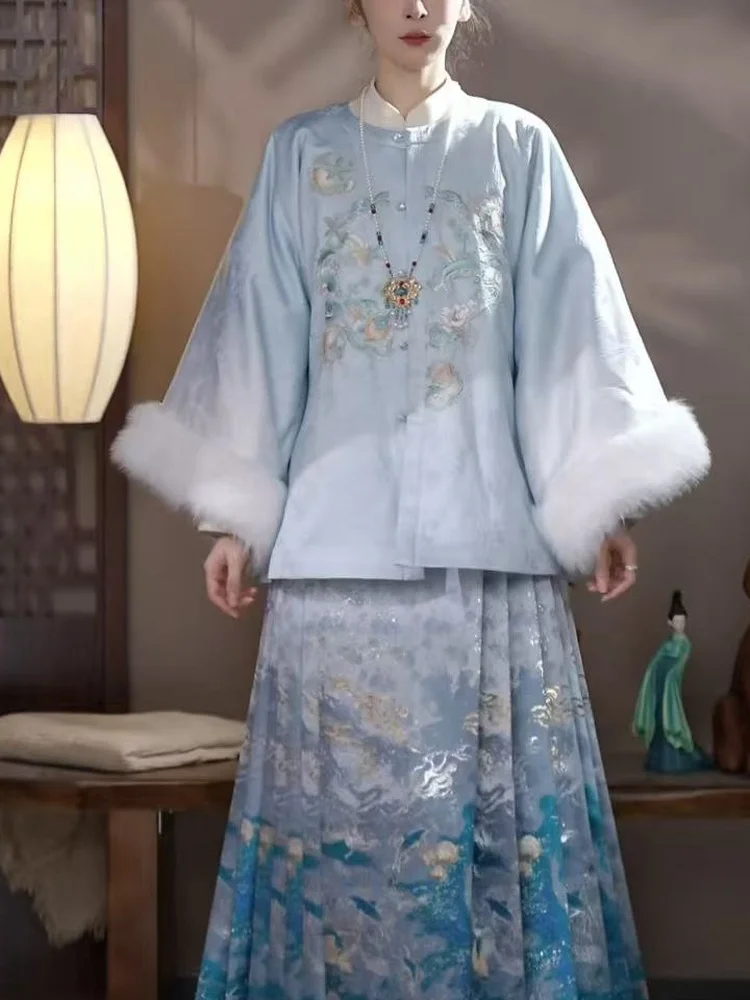 

Женское пальто Blue Jade 2025 осень-зима из плюшевого меха, утепленное, на флисовой подкладке, с пуговицами, в стиле Ханьфу, династия Мин