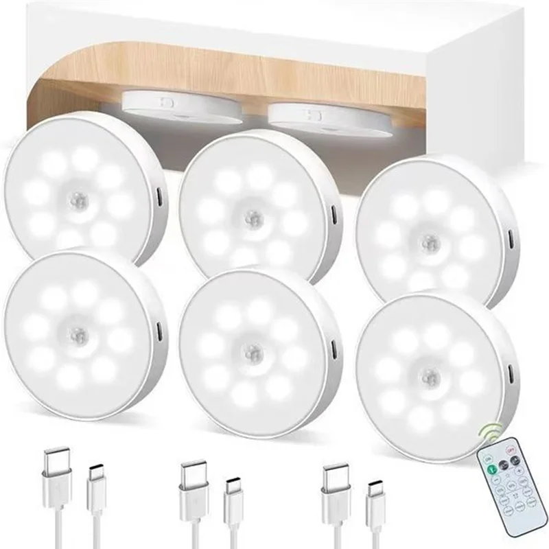 LED Remote Control Three-Color Cabinet Light, Motion Sensor Rechargeable Light, Under Counter Light (6-Pack)-AT30