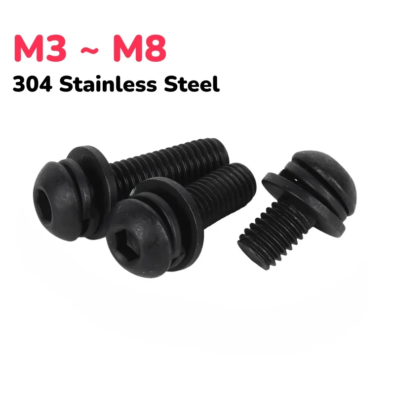 M3 ~ M8 Black 304 Stainless Steel Hex Allen Socket Round Bolt With Spring Flat Washers Combination Screws