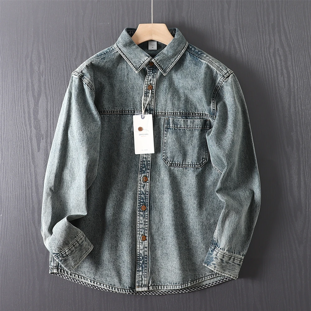 

Ameikaji Heavyweight Waed Vintage Casual Long Sve Denim irt Jaet Thi Autumn Winter Men's Faion Ci Sle Pure C...