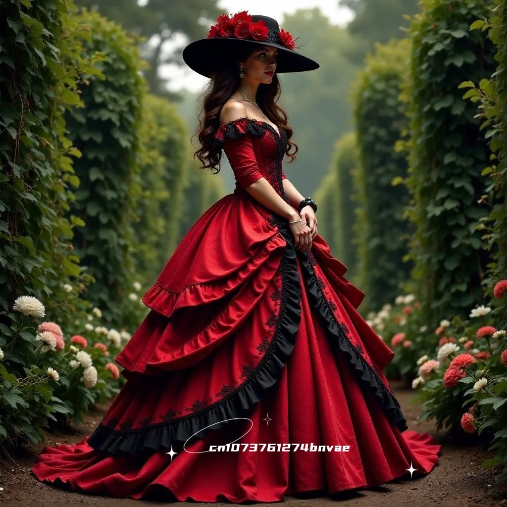 

Vintage Victorian Prom Dress Ruffle Red And Black Off Shoulder Short Sleeve Party Occasion Period Masquerade Bal Gown Customized