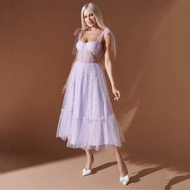 

Smileven Purple Prom Dresses A Line Dots Tulle Bows Straps Midi Evening Dress Saudi Arabia Side Split Party Gowns