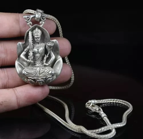 35cm Chinese Miao Silver Buddhist Literature Buddha Necklace Pendant- -