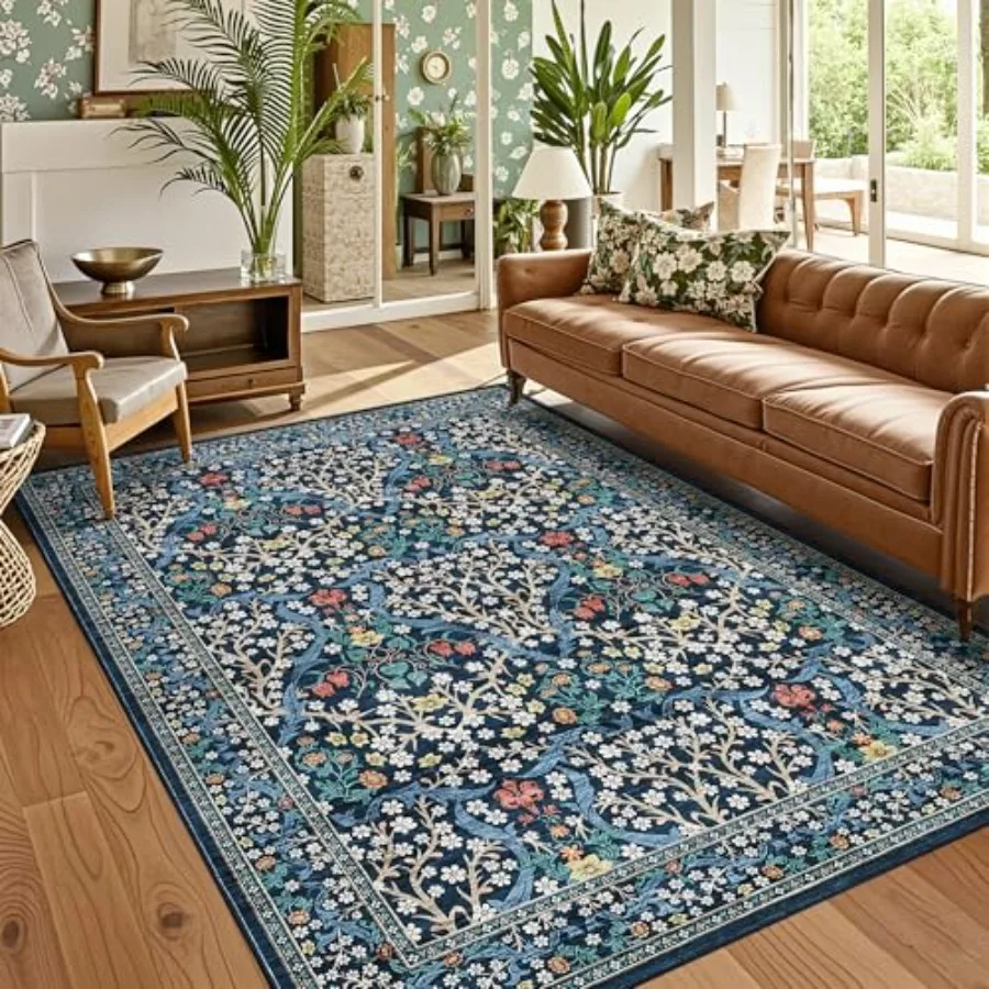 

8x10 Area Rugs for Living Room, Washable Non-Slip Stain-Resistant Ultra-Soft Floral Boho Carpet in Dark Blue