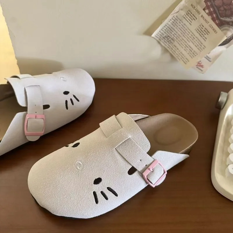 Sanrio Hello Kitty Suede Mules Women's Cute Clogs Cork Insole Sandals Cartoon Sweet Fashion Outdoor Beach Slides Home Shoes