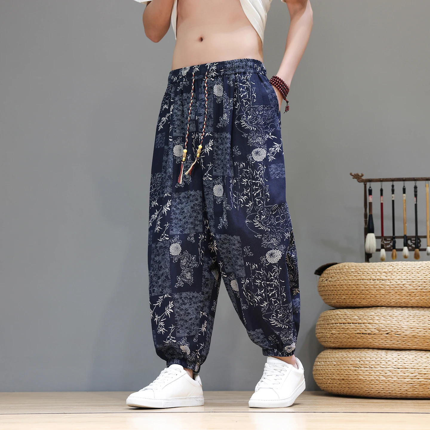 Calças Masculinas Estilo Tradicional, Roupas Masculinas Impressas em Algodão e Linho, Calças Harem de Verão, Pantalones Hippies para Homens