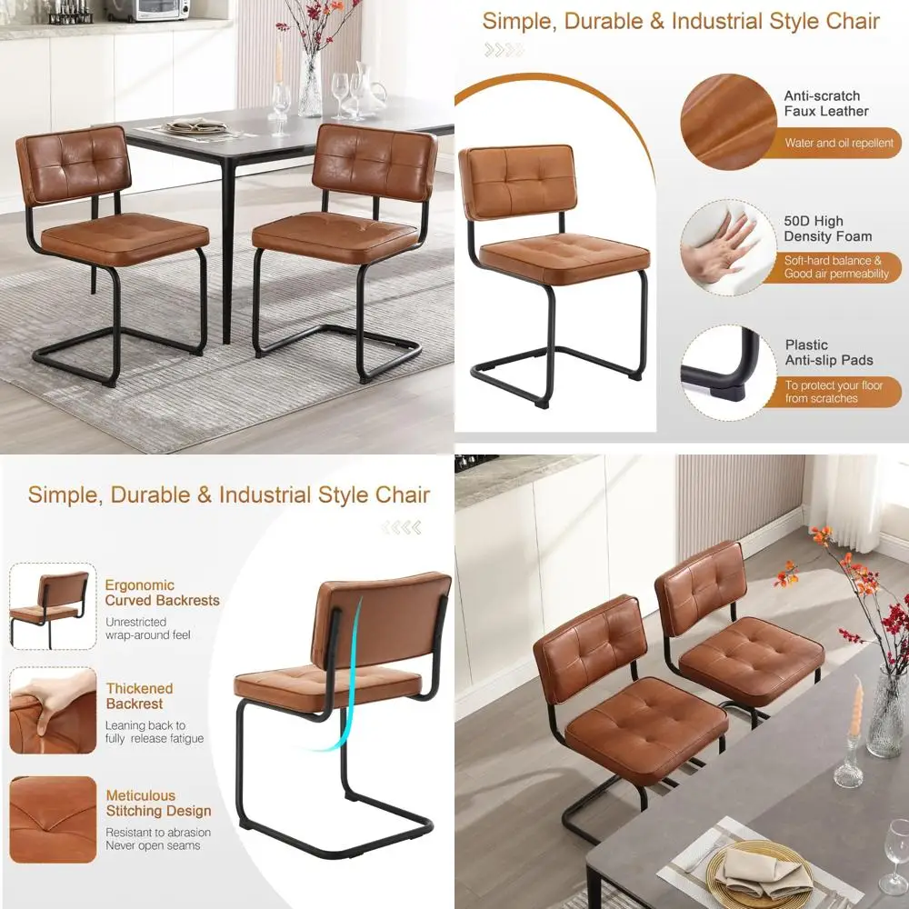 

Pair of Industrial Style Metal Dining Chairs with Upholstered Leather Seats for Kitchen and Dining Area