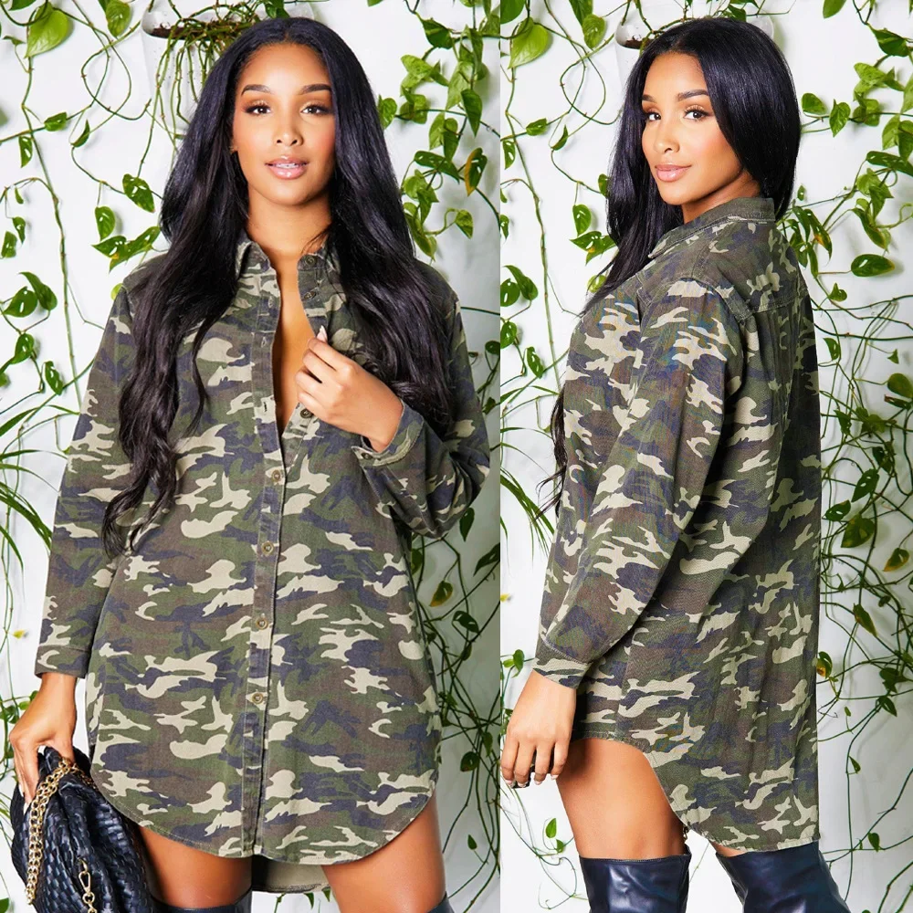 M3116 European and American Camouflage Cardigan Irregular Lapel Long Top Dress