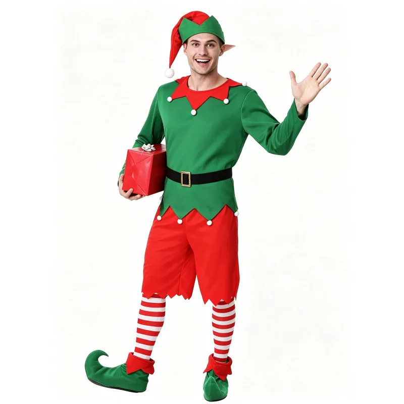 Christmas Elf Family Costume Green Festive Outfit Carnival Party Halloween Dress Roleplay Clothes Set For Men Women Girls Boys view 3